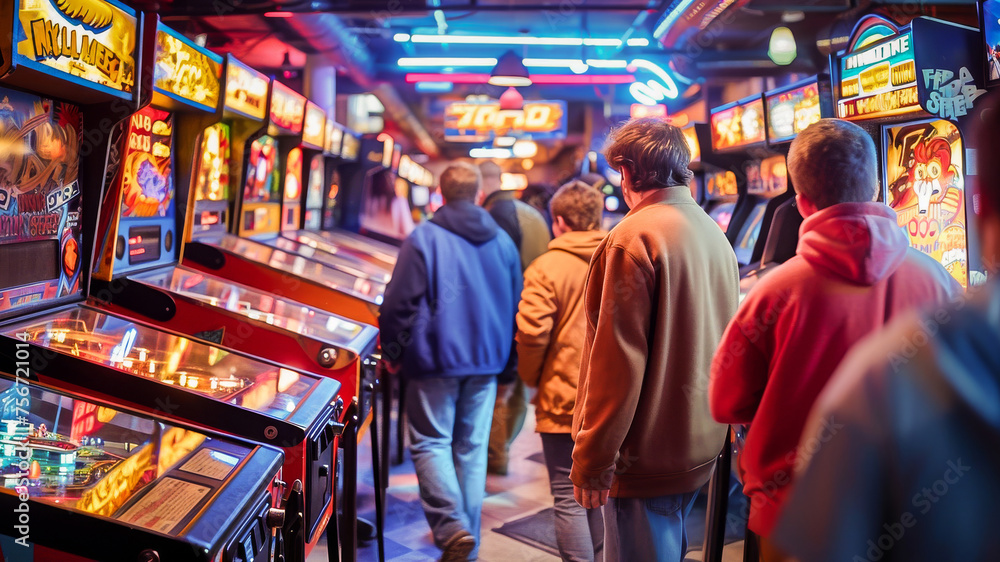 A vibrant image capturing people enjoying various arcade games surrounded by colorful neon lights.