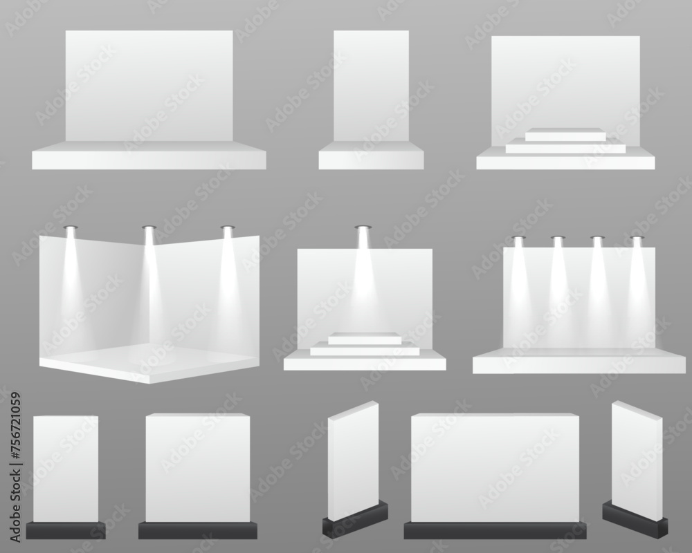 Scene show Podium for presentations. White exhibition stand with desk presentation room. Vector white blank geometric square. Presentation room display. White creative exhibition stand design. Scene show Podium for presentations. White exhibition stand with desk presentation room. Vector white blank geometric square. Presentation room display. White creative exhibition stand design.