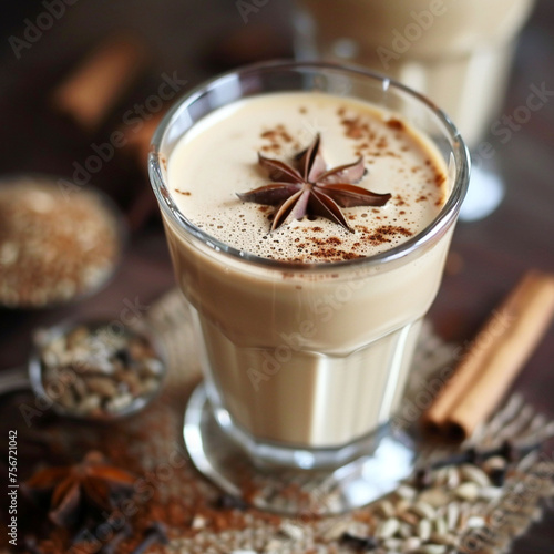 Close-up of spicy masala chai tea served in a clear glass, garnished with star anise. 