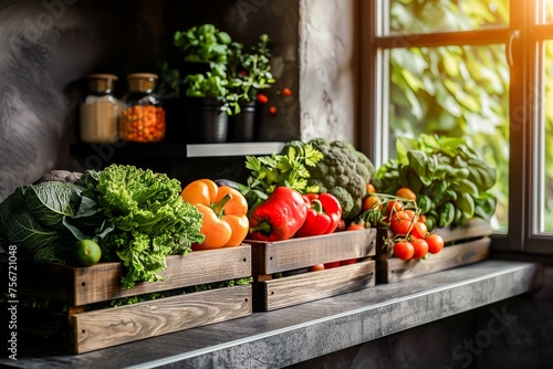 Fresh organic vegetables in wooden crates on a kitchen counter beside a sunny window, perfect for healthy cooking and nutrition.
