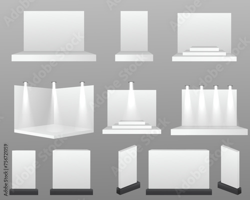 Scene show Podium for presentations. White exhibition stand with desk presentation room. Vector white blank geometric square. Presentation room display. White creative exhibition stand design.