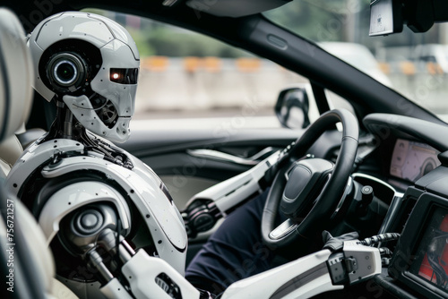 A robot is seated inside a car, holding onto the steering wheel. © pham