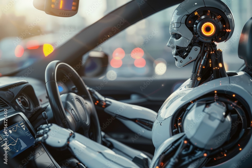 A robot is seated in a car, holding a steering wheel, ready to drive.