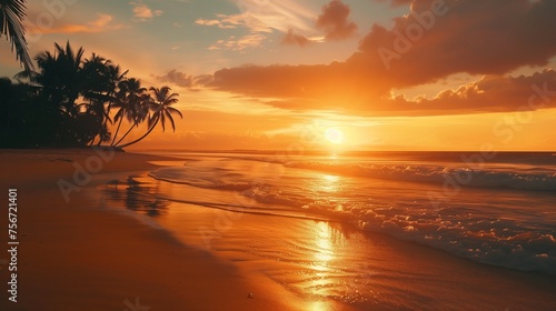 Sunset casting a golden glow on a serene beach, with palm trees silhouetted against the vibrant orange sky and gentle waves kissing the shore. photo