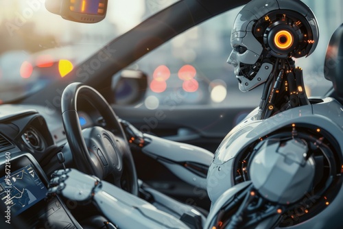 A robot is seated in a car, holding a steering wheel, ready to drive.