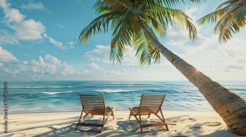 Two empty deck chairs sit side-by-side under a palm tree  offering a shaded haven on a sun-drenched beach.