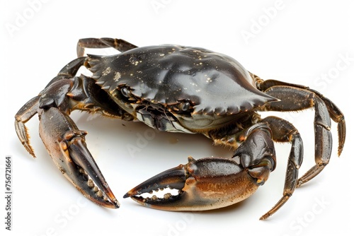 Scylla serrata, a black mud crab, is featured against a stark white background. This image showcases the crustacean, including its big claw, ideal for seafood restaurant concepts.