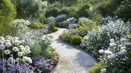 View of an English cottage garden with a curving pathway, featuring a natural palette of white and blue hues