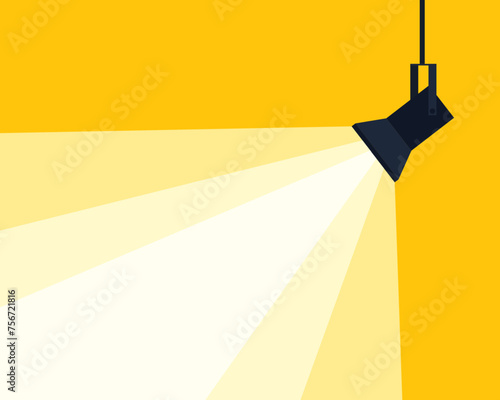 Lamp illumination icon in flat style. Spotlight vector illustration. Movie spotlight. Vector flat spotlight on yellow background with space for text.