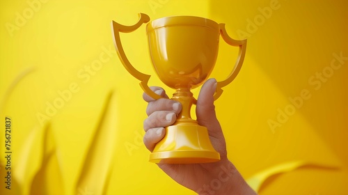 Champion golden trophy for winner yellow background. Success and achievement concept. Sport and cup award theme