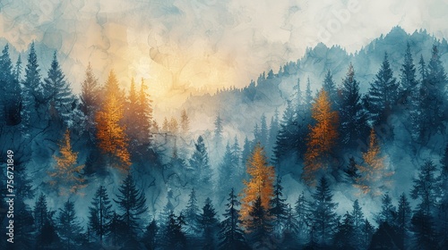 Detailed modern abstract art of a mountain forest landscape design with a blue and brown watercolor texture against a natural background. Watercolor painting texture background. © Mark