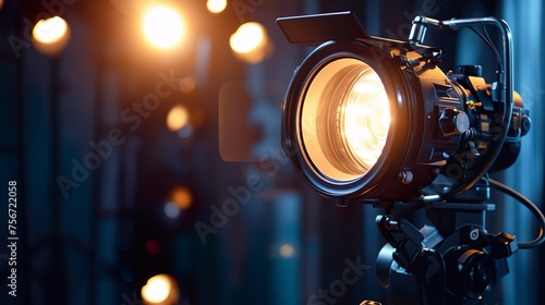 Spotlight with halogen bulb and Fresnel lens. Lighting equipment for Studio photography or videography. photo