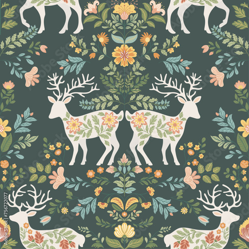Seamless pattern with folk art design elements. Folk vector illustration with deer and flowers on a dark background. Scandinavian traditional motif