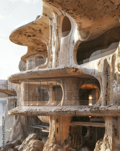 Unique abstract surreal architecture, exterior design. A luxury house in a stone rock.