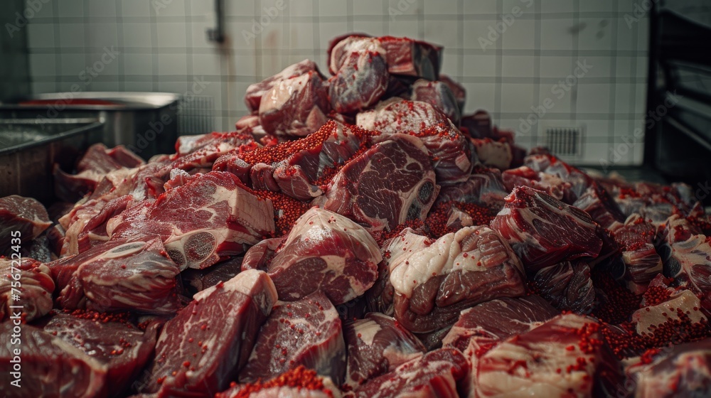 heap lots of fresh raw beef meat, hyperrealistic photography, 16:9 heap lots of fresh raw beef meat, hyperrealistic photography, 16:9