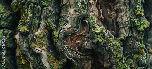 The rough-textured surface of an ancient tree trunk bears the scars of years gone by, with gnarled knots and deep grooves telling tales of resilience and endurance