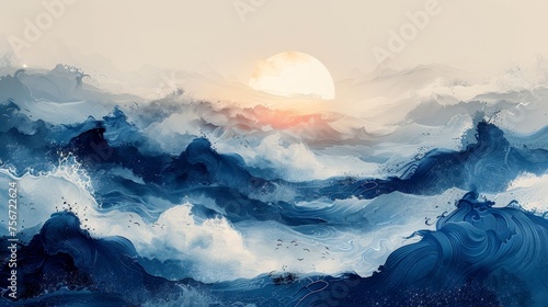 A modern abstract art print landscape banner design with a blue and grey brush stroke texture in a vintage style using a Japanese ocean wave pattern.