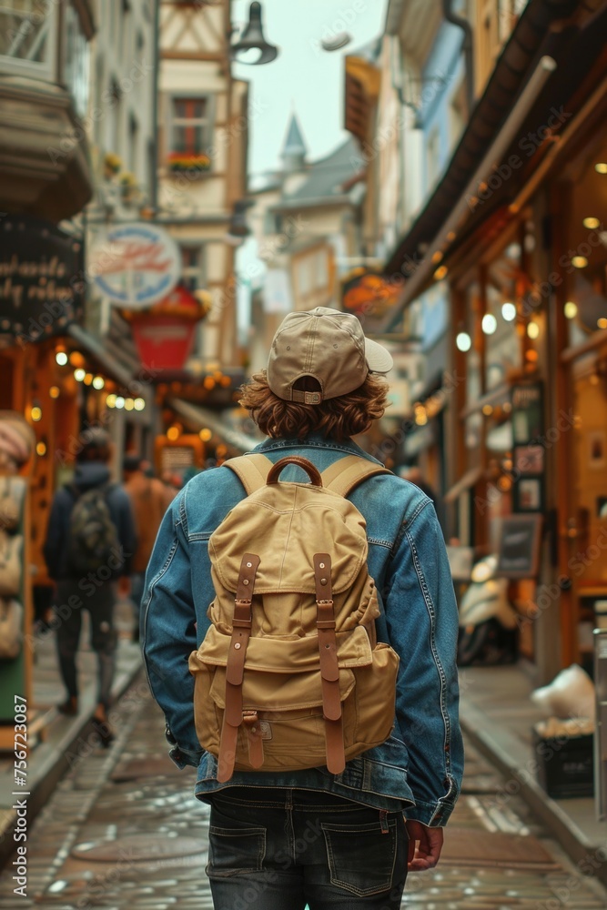 Young Traveler Walking in the City with Backpack