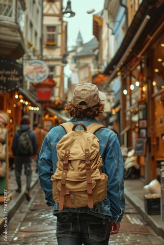 Young Traveler Walking in the City with Backpack
