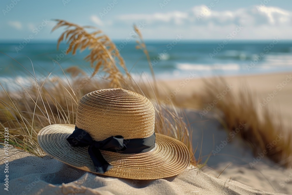 Straw Hat on Sandy Shore with Ocean in Background