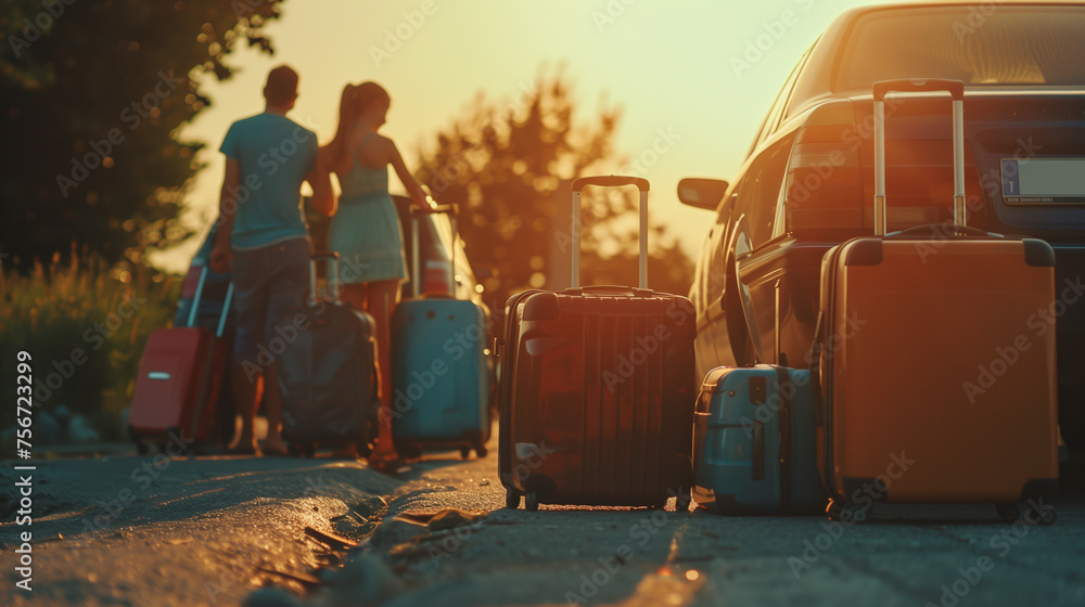 A family with suitcases of different colors, ready to pack them in the car and go on vacation. - obrazy, fototapety, plakaty 