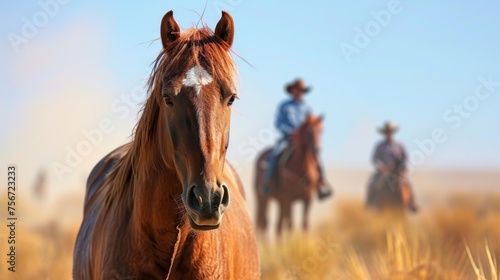 Two cowboy horses in the field on a sunny day  close-up