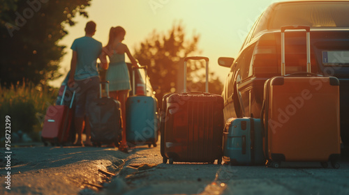 A family with suitcases of different colors, ready to pack them in the car and go on vacation. photo