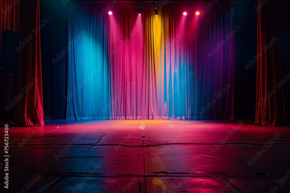 An empty theater stage illuminated by a plethora of bright lights, ready for an opera performance with a colorful backdrop. - obrazy, fototapety, plakaty 