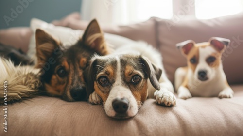 Three adorable dogs rest closely together, displaying their unique coat colors and patterns, a testament to the friendship between pets. © Anna