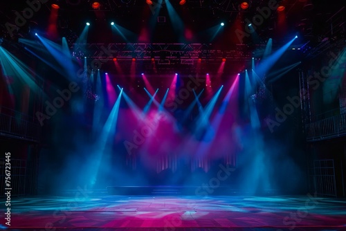 A theater stage with numerous bright lights illuminating the space, set up for an opera performance with colorful backdrop decorations.