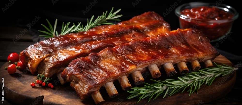 Terrestrial plants like tomatoes and rosemary are displayed on a wooden cutting board along with ribs, creating a picturesque landscape of food and natural materials Terrestrial plants like tomatoes and rosemary are displayed on a wooden cutting board along with ribs, creating a picturesque landscape of food and natural materials