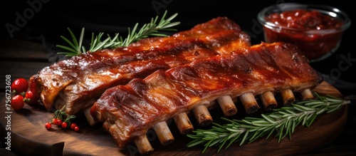Terrestrial plants like tomatoes and rosemary are displayed on a wooden cutting board along with ribs, creating a picturesque landscape of food and natural materials