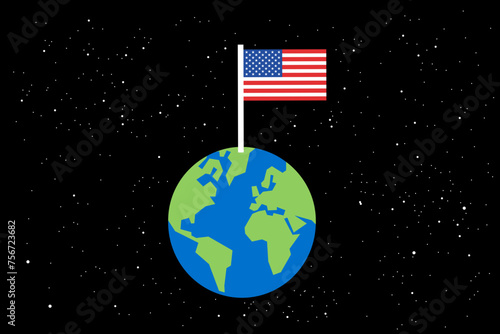 USA as dominant and global superpower, hegemony and ruler on the planet Earth and the World. American dominance, domination, supremacy, ascendancy. Planet and national flag. Vector illustration.