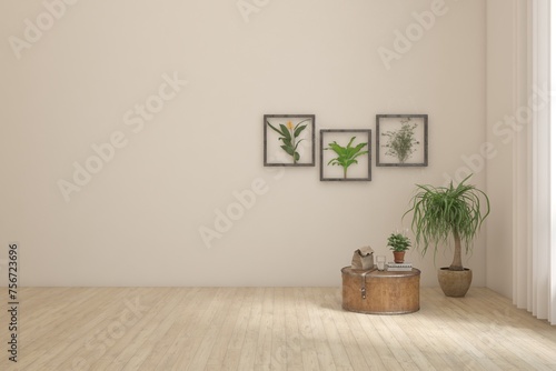 Fototapeta Naklejka Na Ścianę i Meble -  White empty room with home decor and green potted plant. Scandinavian interior design. 3D illustration