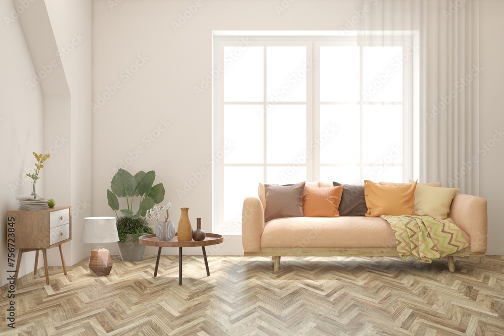 Fototapeta premium White living room with sofa. Scandinavian interior design. 3D illustration