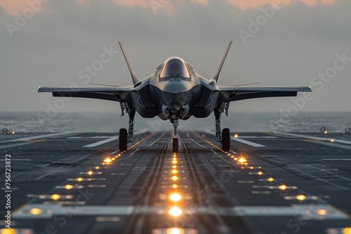 F-35 jet elegantly landing on an aircraft carrier at dusk © Georgii