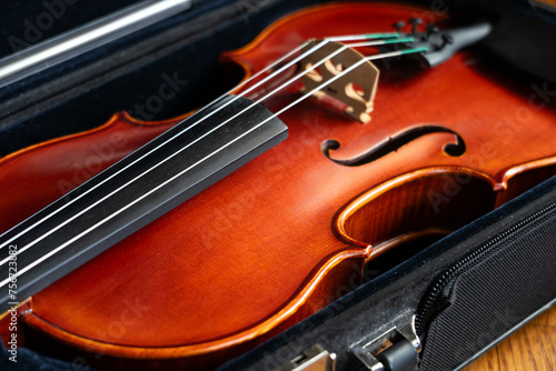 Violin music instrument of orchestra closeup