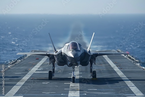 Minimalist F-35 jet preparing for takeoff on an aircraft carrier photo