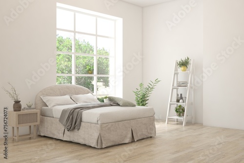 White bedroom interior design with summer landscape in window. Scandinavian interior design. 3D illustration © AntonSh