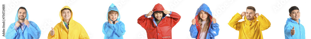 Collage of different people in stylish raincoats on white background Collage of different people in stylish raincoats on white background