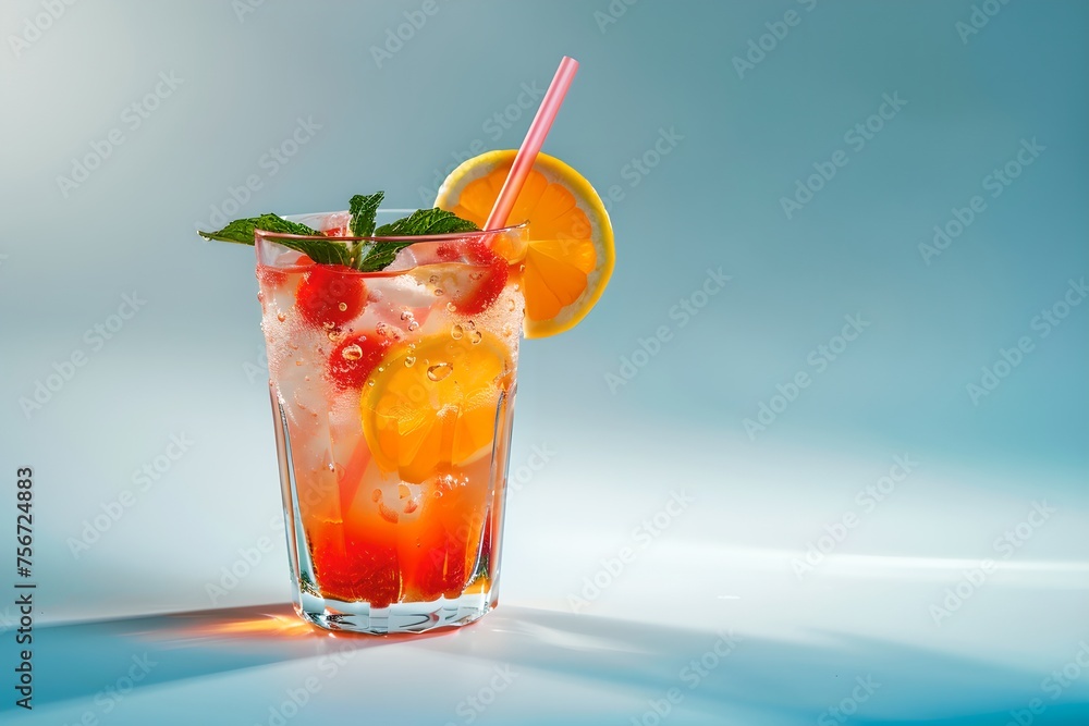 Refreshing fruit cocktail on blue background. Summer drink concept. Vacation and travel. Design for banner, invitation with copy space Refreshing fruit cocktail on blue background. Summer drink concept. Vacation and travel. Design for banner, invitation with copy space