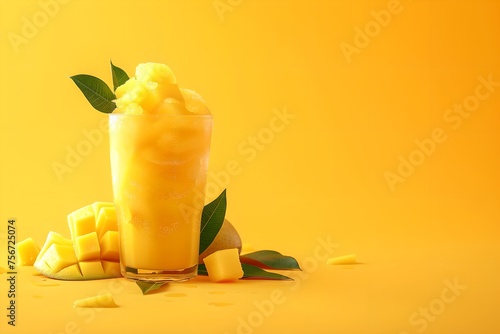 Mango smoothie on orange background. Summer drink concept. Vacation and travel. Design for banner, invitation with copy space. Minimalistic composition photo