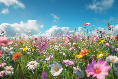 a scene of a vibrant  flower-filled meadow beneath a clear blue sky  where each bloom is rendered in exquisite detail  creating a visual symphony of nature in 16k resolution.