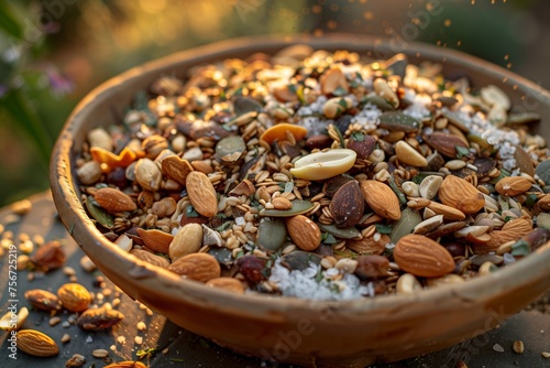 Sustainably sourced nut and seed mix, lightly roasted with sea salt and organic herbs, served in a bowl made of compostable materials to honor Earth Day's ethos.