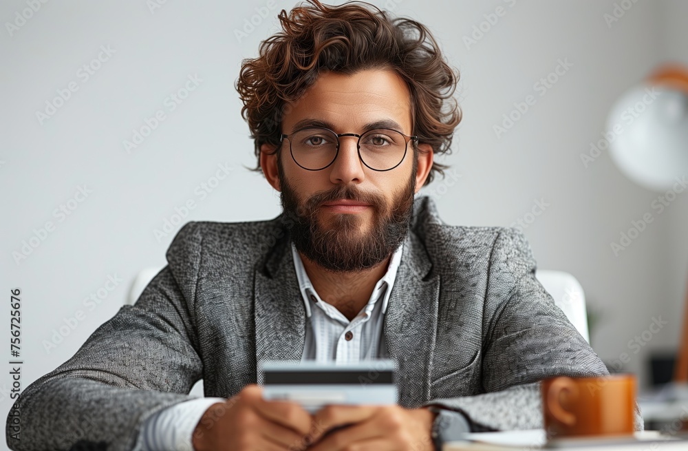 Φωτογραφία A man with facial hair and glasses is seated at a desk holding a credit card