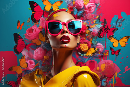 Modern painting in pop art style of young beautiful woman in red sunglasses with butterflies and flowers in her hair on bright colorful background. Contemporary trendy stylish drawing in bold hues