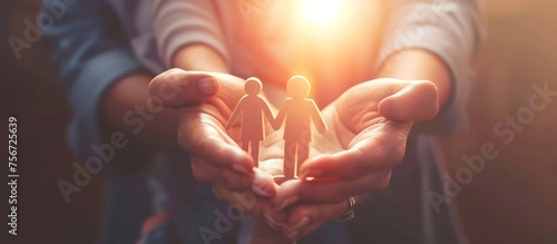 close up two hands holding family figure photo