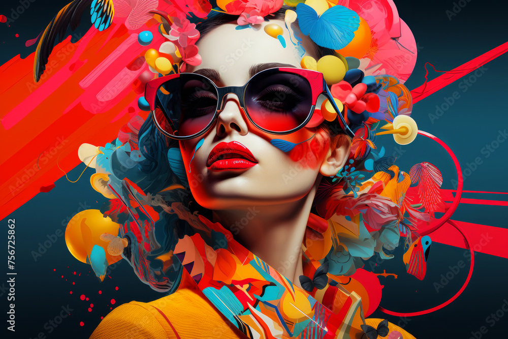Portrait of stylish fashionable woman in sunglasses and red lips on bold bright colorful background. Modern contemporary drawing painting pop art style artwork