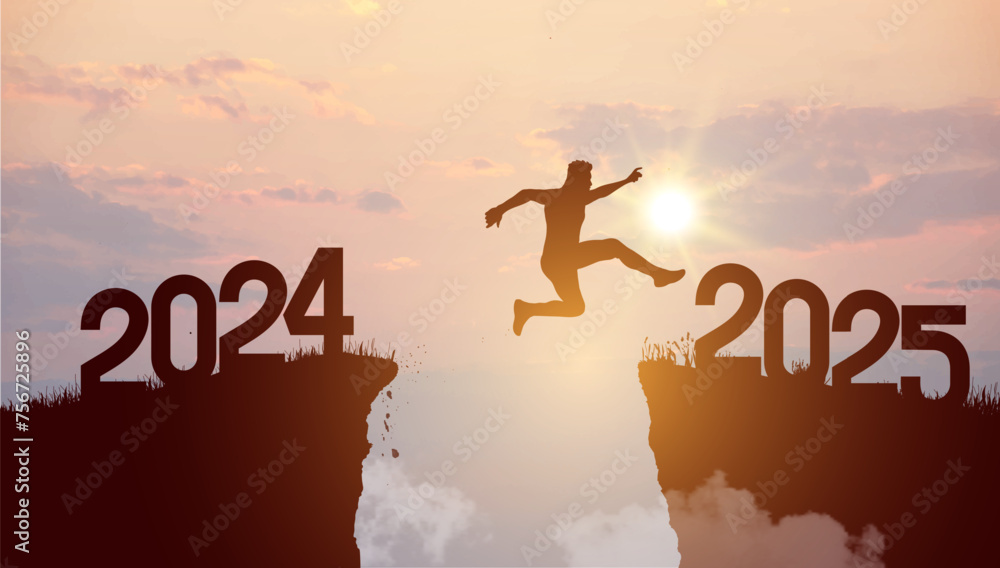 Man silhouette jumping on cliff 2025 over the precipice with stones at amazing sunset. New Year