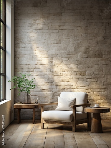 Minimalist interior with one white chair and a small table near the window against a textured gray brick wall, copy space. Generative AI © Анатолий Савицкий
